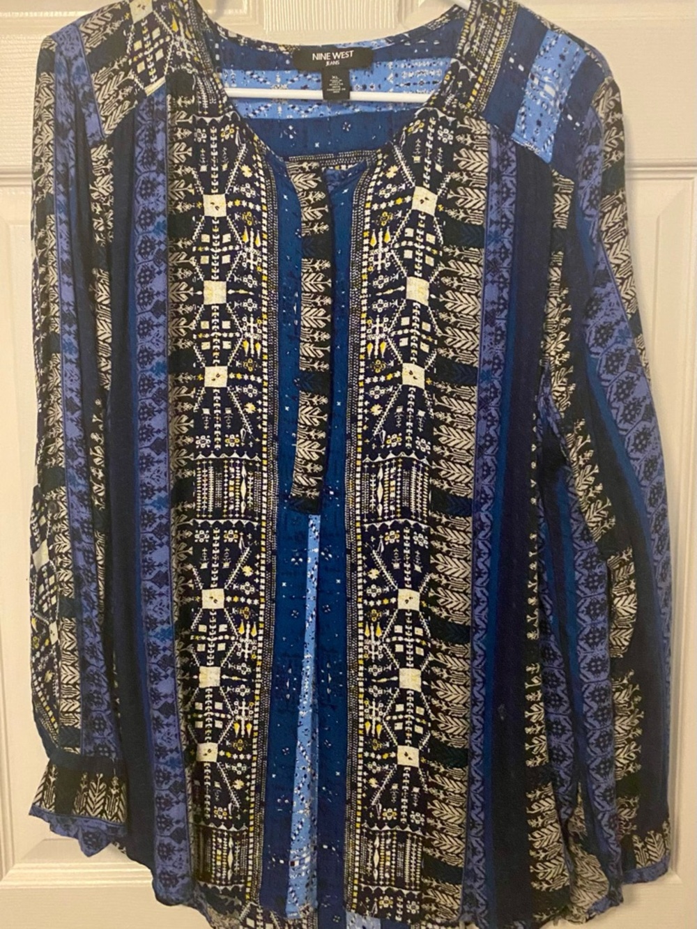 Nine West Blue and Black Printed Peasant Top